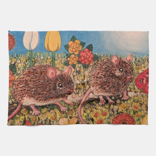  Belle souris avec fleurs Torchons de cuisine  (Horizontal)