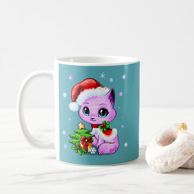 Belle tasse tirée par la main de chat de Noël par (Avec donut)