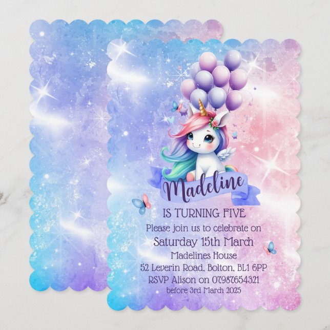 Belle Unicorne avec Ballons Thème Invitations (Devant / Derrière)