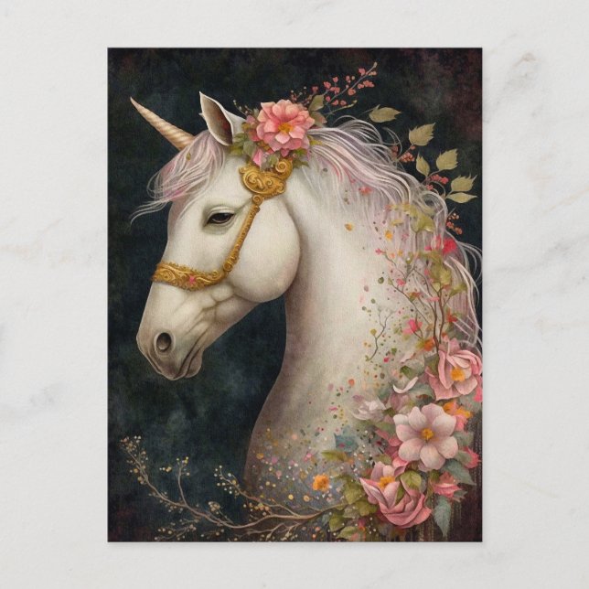 Belle Unicorne Et Fleurs Carte Postale (Devant)