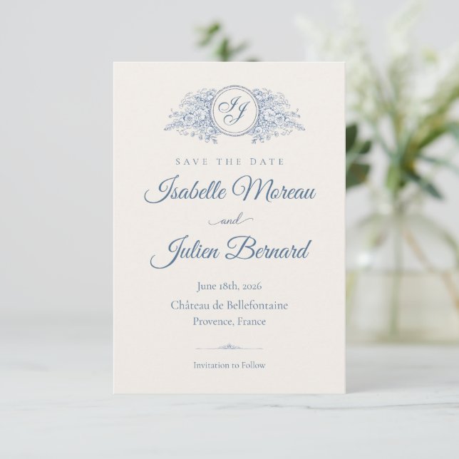 Bellefontaine — French Blue Wedding Save the Date (Debout devant)