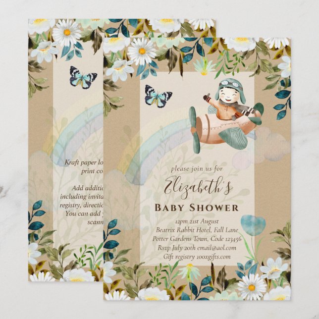Belles Invitations pour une Baby Shower Pilote Gar (Devant / Derrière)