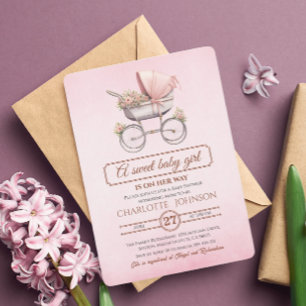Berceau Bébé Floral Vintage Rose Pâle Invitation B