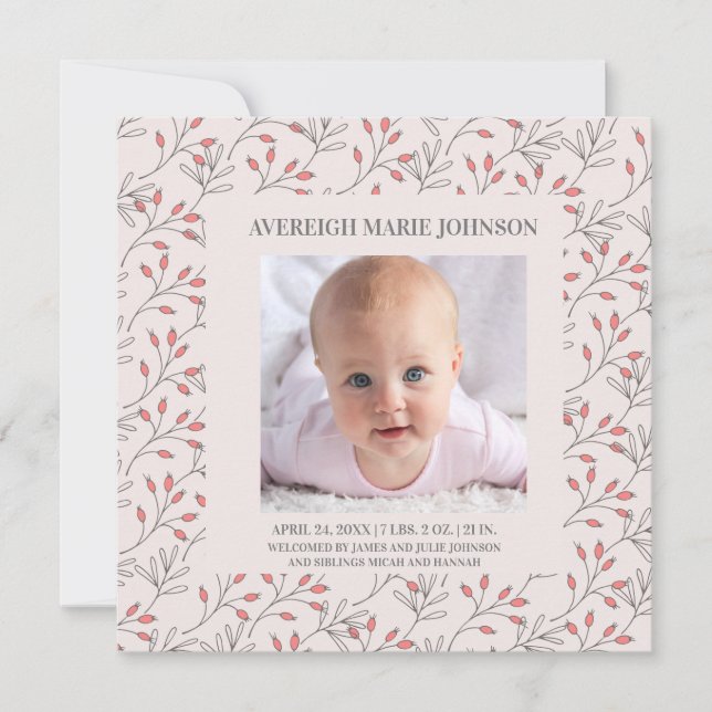 Berries roses douces Faire-part de naissance bébé  (Devant)