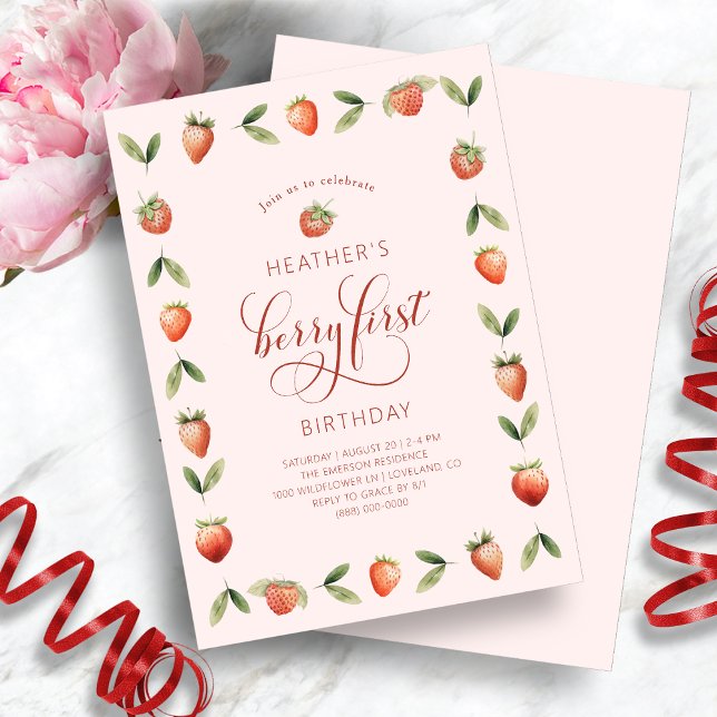 Berry 1er Anniversaire Invitations (Pink Berry First Photo Birthday Invitation by Painted Paperie
)