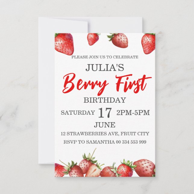 Berry First 1st Strawberry Anniversaire Invitation (Devant)
