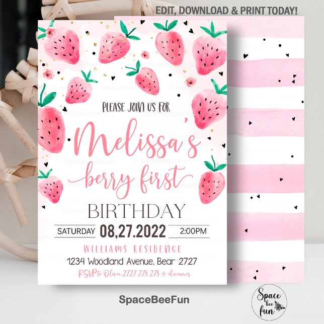 Berry First Birthda Invitation Anniversaire fraise (Strawberry invite,First Birthday,Evite Electronic,Text Message,modern Berry,1st girl,Strawberry Part)