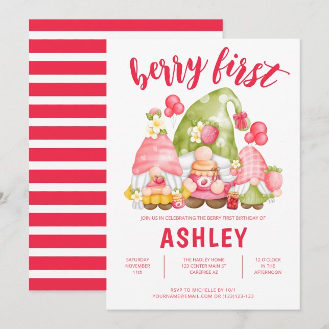 Berry First Birthday Cute Invitation (Devant / Derrière)