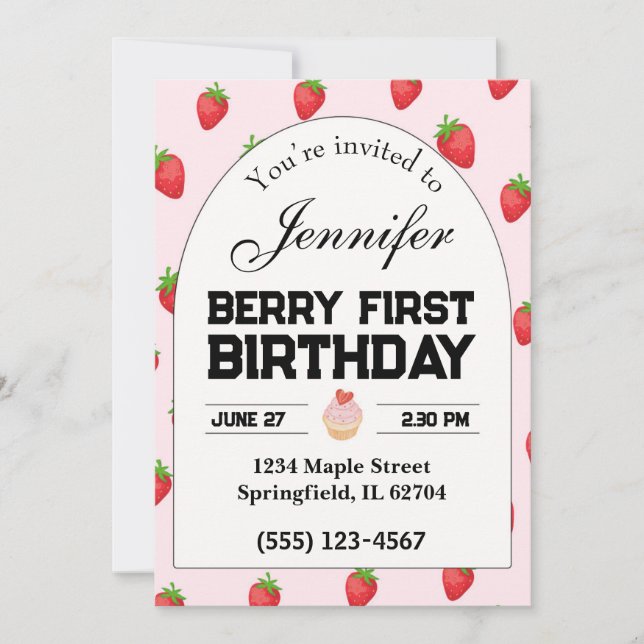 Berry First Birthday Invitation Invitation fraise (Devant)