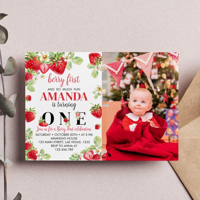Berry First Birthday Invitation Thème fraise (Créateur téléchargé)