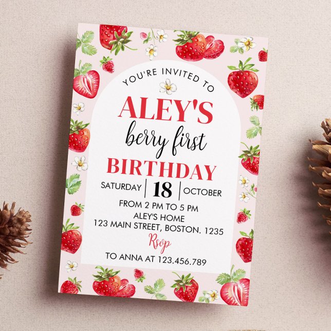Berry First Birthday Invitation Thème fraise (Créateur téléchargé)