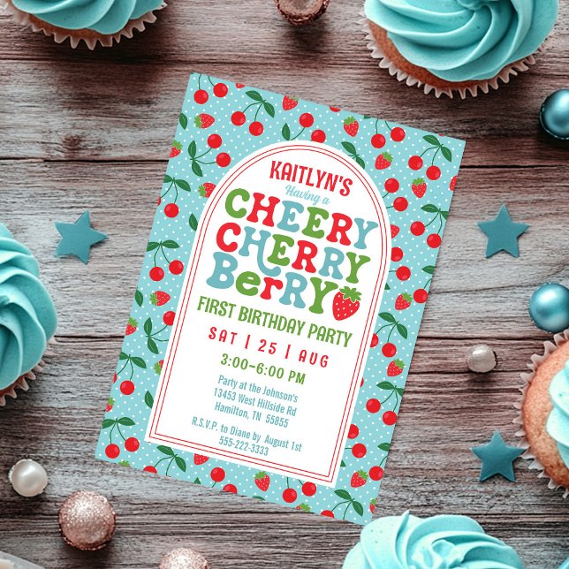 Berry First Birthday Party Photo Invitation (Cheery Cherry Berry First Photo Birthday Invitation Front)