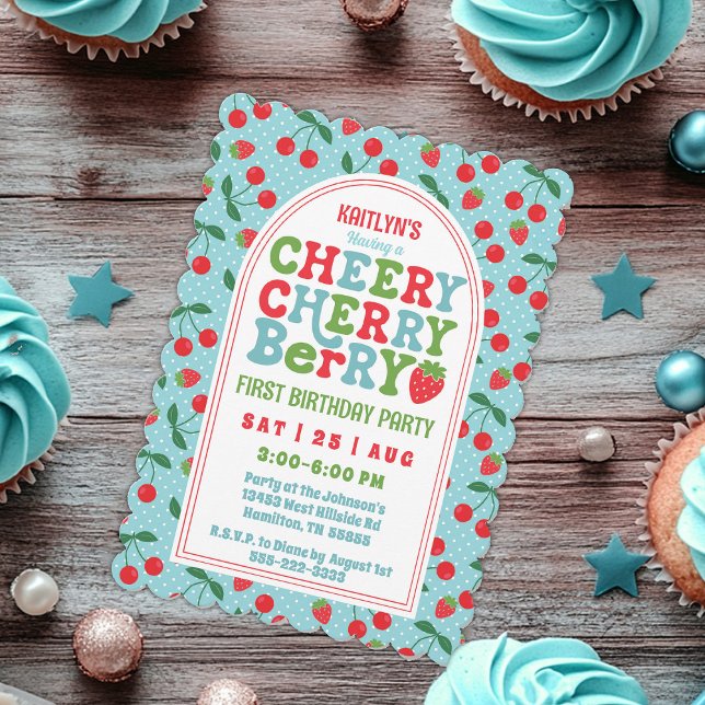 Berry First Birthday Party Photo Invitation (Cute Whimsical First Birthday Invitation Cheery Cherry Berry Scalloped Invitation)