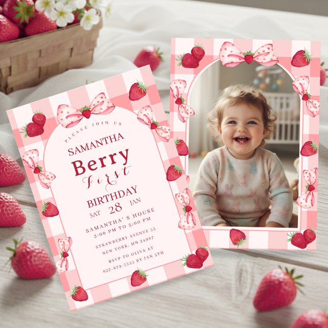 Berry First Birthday Photo Bow Gingham Invitation (Berry First Birthday Photo Red Gingham Invitation)