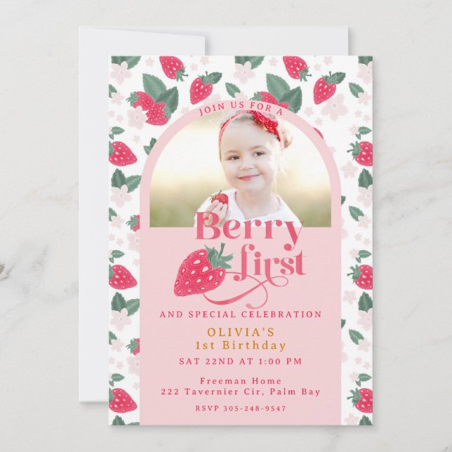 Berry First Birthday Photo Invitation (Devant)