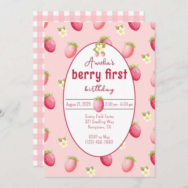 Berry First Birthday Strawberry Invitation (Devant / Derrière)