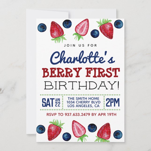 Berry First Birthday Strawberry Invitation (Devant)