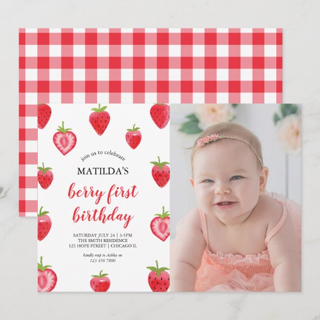 Berry First Birthday Strawberry Photo Invitation (Devant / Derrière)
