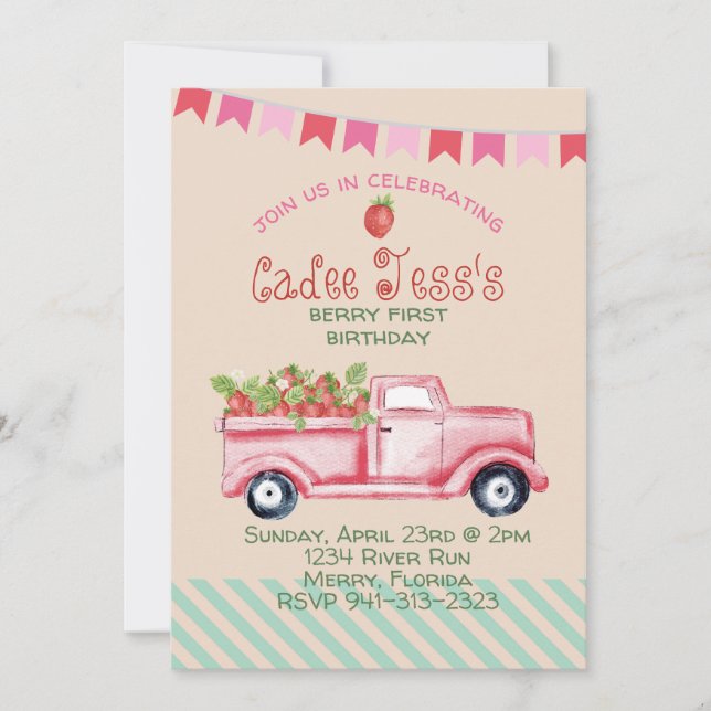 Berry First Birthday Strawberry Theme Invitation (Devant)
