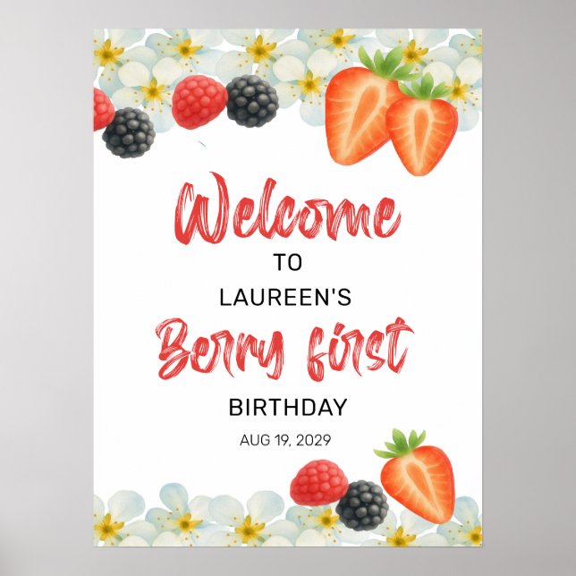 Berry First Birthday Welcome Sign Poster (Devant)