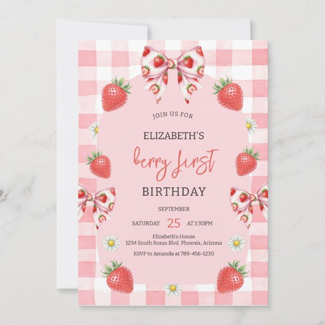 Berry First Strawberry 1st Birthday Invitation (Devant)