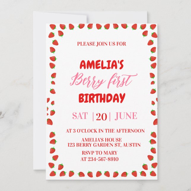 Berry First Strawberry Border Birthday Invitation  (Devant)
