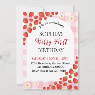 Berry First Strawberry gingham birthday invitation