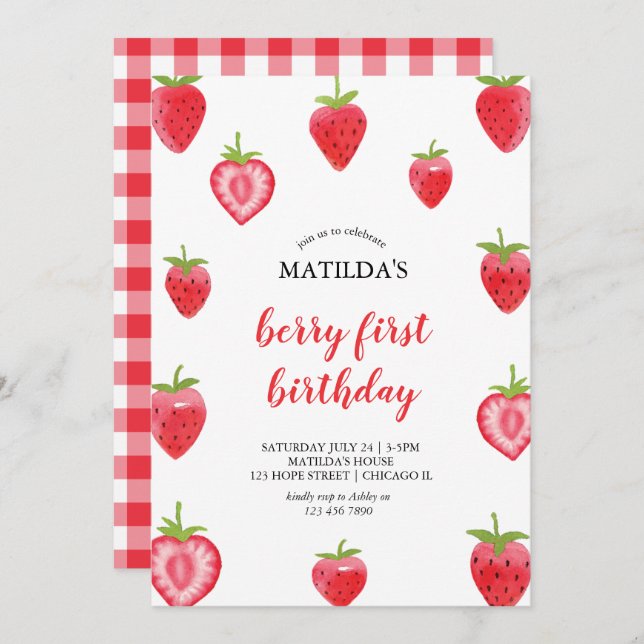 Berry First Strawberry Girl Invitation Anniversair (Devant / Derrière)