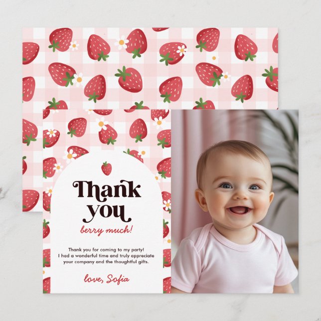 Berry fraise 1er Carte de remerciements d'annivers (Devant / Derrière)