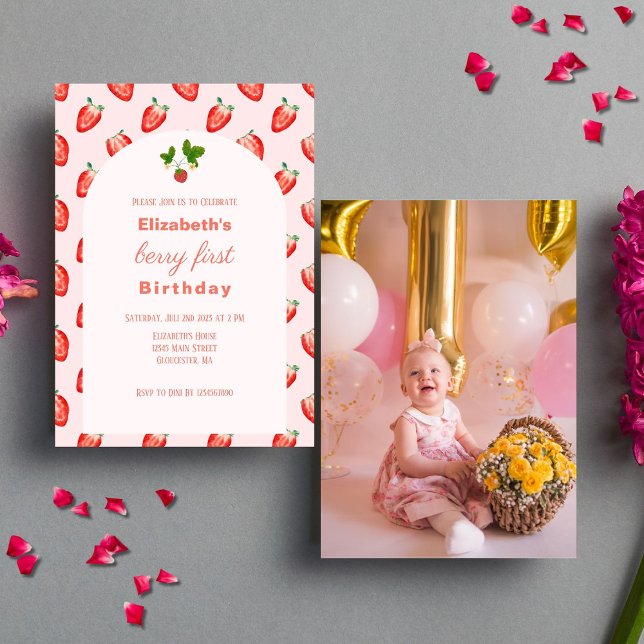 Berry fraise Premier anniversaire Photo Invitation (Photo Invitation)