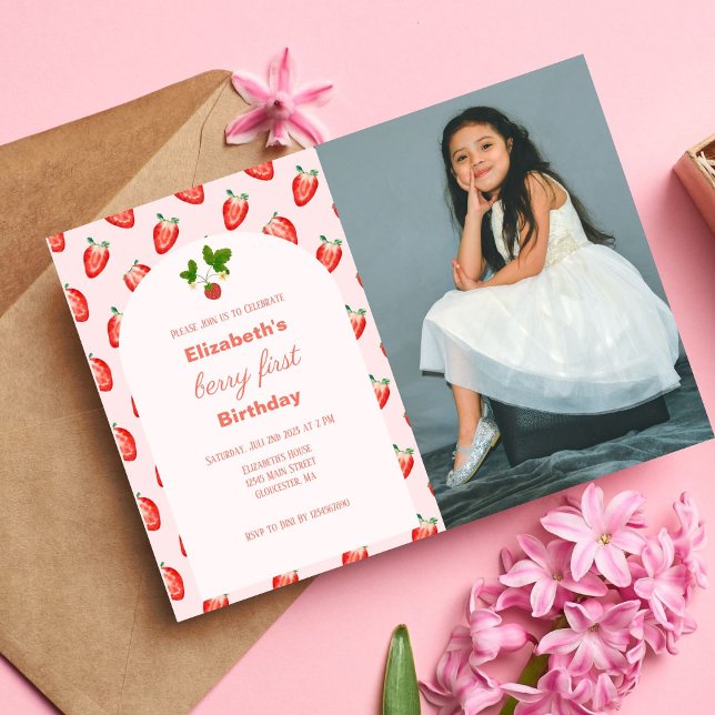 Berry fraise Premier anniversaire Photo Invitation (Photo Invitation)