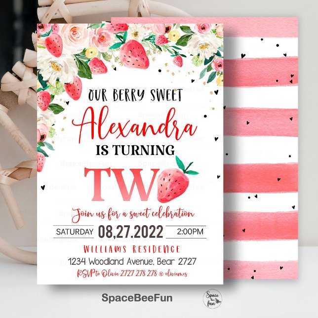 Berry Sweet 2e anniversaire Invitation fraise Bir (Berry Sweet invitation,2nd Birthday Invitation,Strawberry Birthday invite,Berry 2nd girl invites,Str)