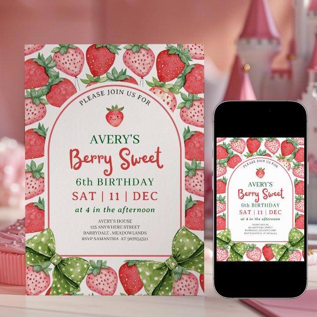 Berry Sweet 6th Birthday Strawberry Invitation (Créateur téléchargé)