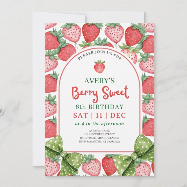 Berry Sweet 6th Birthday Strawberry Invitation (Devant)