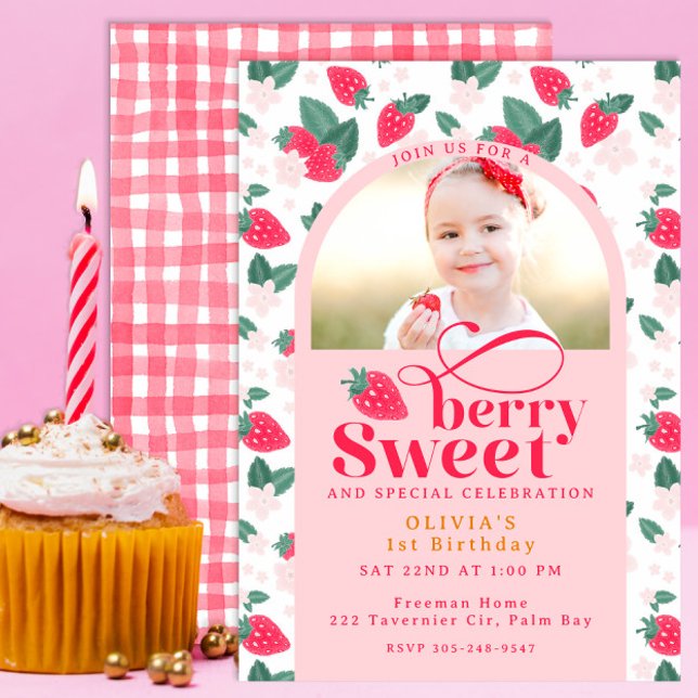 Berry Sweet First Birthday Photo Invitation (Créateur téléchargé)