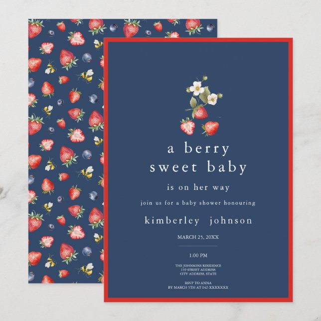 Berry Sweet Strawberry Girl Baby shower Invitation (Devant / Derrière)