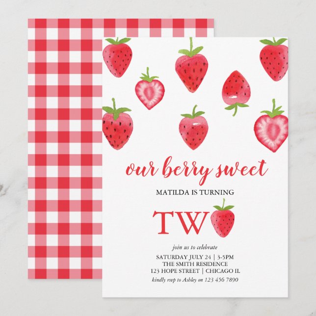 Berry Sweet Strawberry Invitation de deuxième anni (Devant / Derrière)