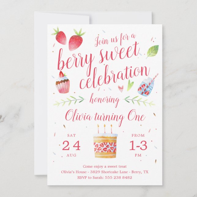 Berry Sweet Strawberry Invitation de fête d'annive (Devant)