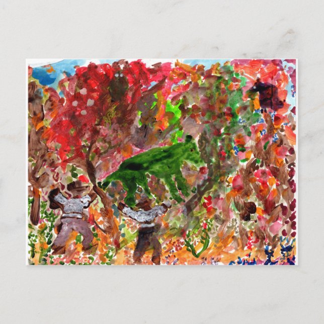 Bête verte aux arbres rouges carte postale (Devant)