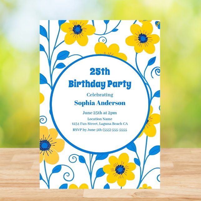 Beurre Florales Jaunes et Bleues - Invitation d'an (Butter Yellow and Blue Florals-Birthday Invitation in White)