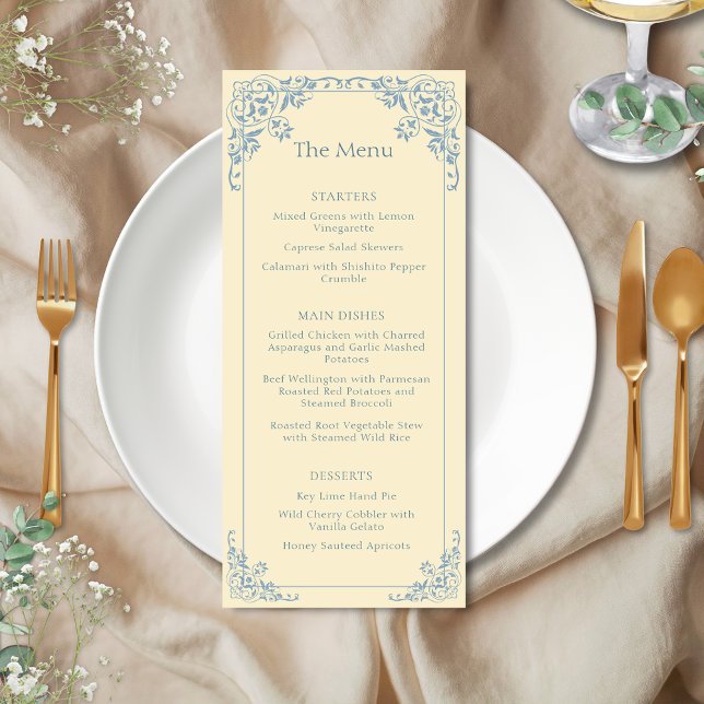 Beurre Jaune Dusty Bleu Élégant Menu Mariage (Elegant butter yellow and dusty blue vintage old money shabby chic coastal wedding event menu)