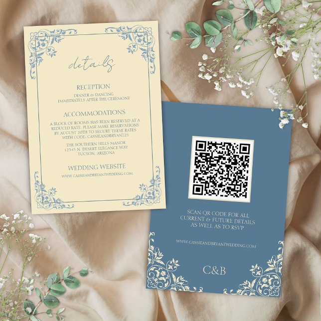 Beurre jaune QR Code Détails Carte de boîtier (Elegant butter yellow and dusty blue formal elegant vintage wedding details enclosure cards inserts)