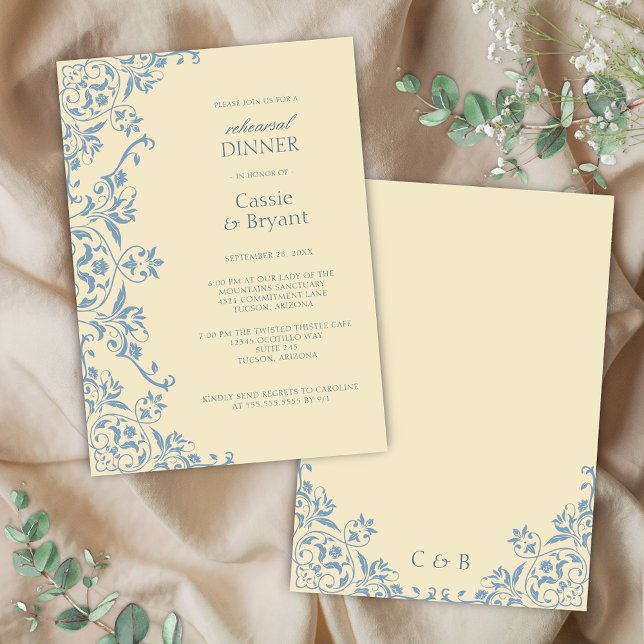 Beurre-répétition Jaune Dîner Invitation (elegant old money butter yellow and dusty blue wedding rehearsal dinner invitation with chintz)