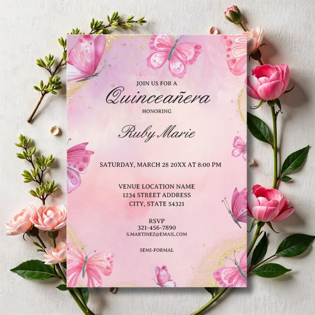 Beurre rose et or Quinceanera Invitation (Créateur téléchargé)