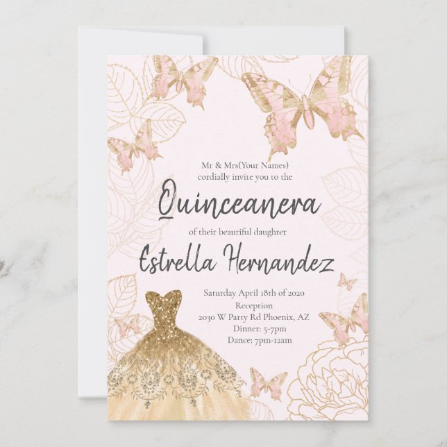 Beurre rose et or Quinceanera Invitation (Devant)