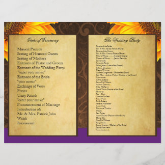 Bi Fold Purple Sunflower Mariage programmes de cér