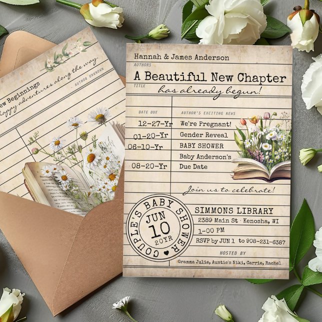 Bibliothèque vintage Carte Floral Livres Cute Baby (A new chapter cute vintage floral library card book theme timeline couple's baby shower invitation)