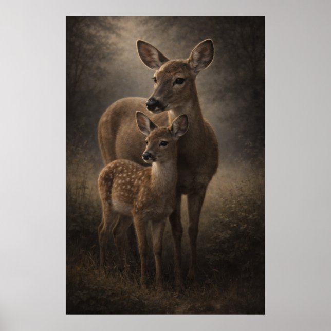 Biche et faon | Art de la faune cervine | Affiche (Devant)