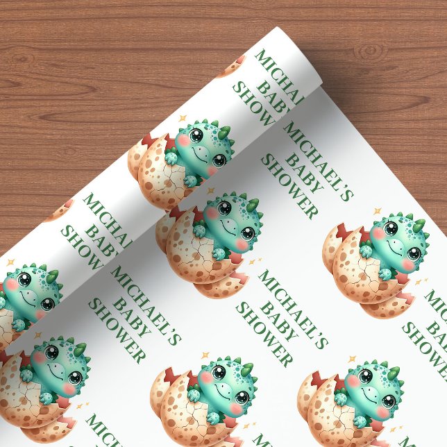 Bientôt l'éclosion Papier cadeau pour Baby Shower  (Hatching Soon Cute Dino Baby Shower Wrapping Paper)