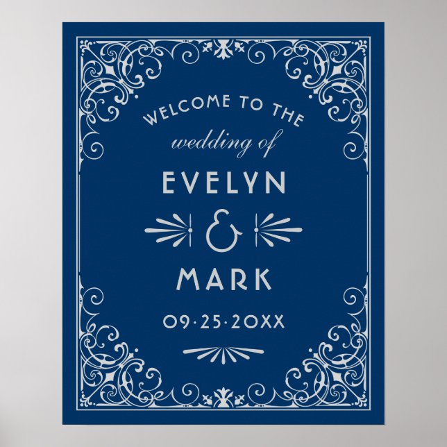 Bienvenue au mariage Art Déco Navy et argent (Devant)